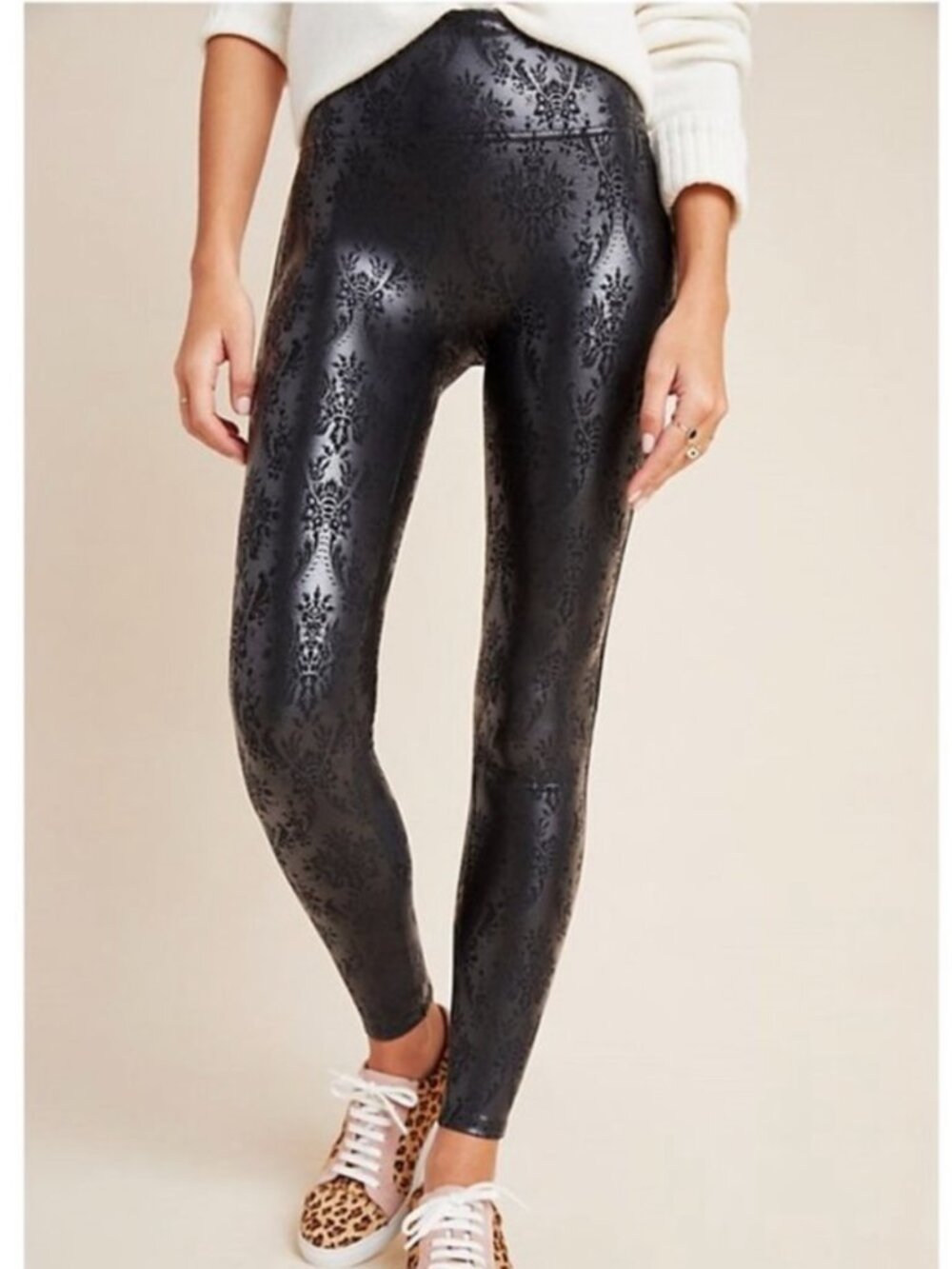 ANTHROPOLOGIE Women's SPANX Brocade Faux Leather Leggings NEW | Size M